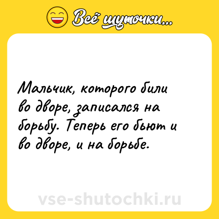 Шутка: Мальчик, которого били во дворе, записался на борьбу. Теперь его бьют и во дворе, и на борьбе.