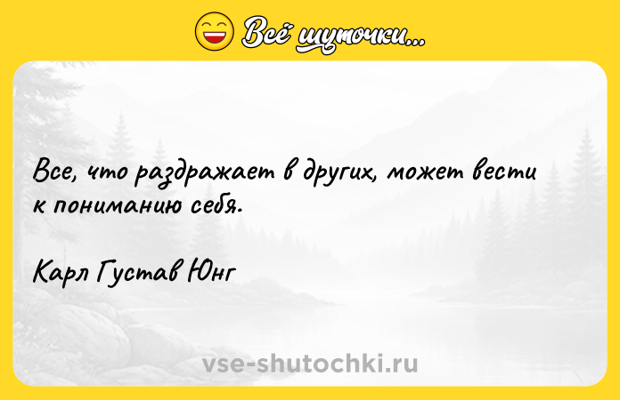 Цитата: Все, что раздражает в других, может вести к пониманию себя.Карл Густав Юнг