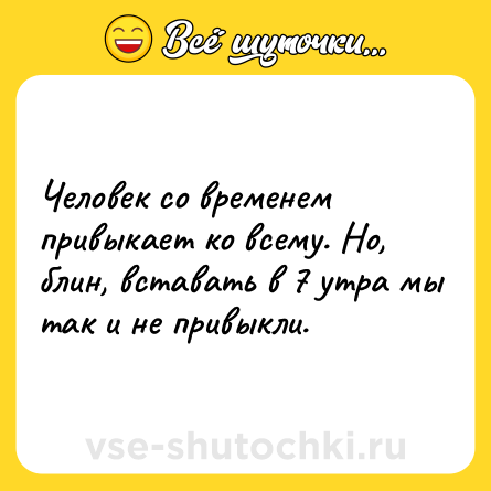 Шутка: Человек со временем привыкает ко всему. Но, блин, вставать в 7 утра мы так и не привыкли.