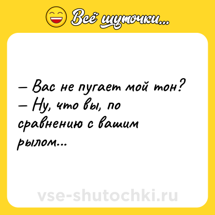 Шутка: — Вас не пугает мой тон? <br>— Ну, что вы, по сравнению с вашим рылом...