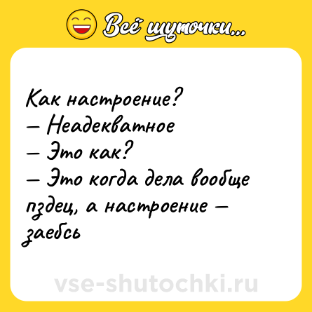 Шутка: Как настроение?<br>— Неадекватное<br>— Это как?<br>— Это когда дела вообще пздец, а настроение — заебсь