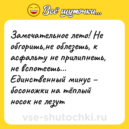 Шутка: Замечательное лето! Не обгоришь,не облезешь, к асфальту не прилипнешь, не вспотеешь… Единственный минус – босоножки на тёплый носок не лезут