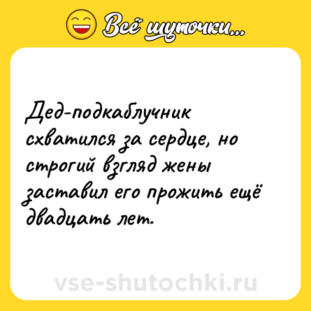 Шутка: Дед-подкаблучник схватился за сердце, но строгий взгляд жены заставил его прожить ещё двадцать лет.