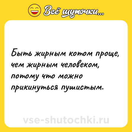 Шутка: Быть жирным котом проще, чем жирным человеком, потому что можно прикинуться пушистым.