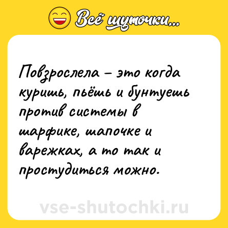 Шутка: Повзрослела – это когда куришь, пьёшь и бунтуешь против системы в шарфике, шапочке и варежках, а то так и простудиться можно.