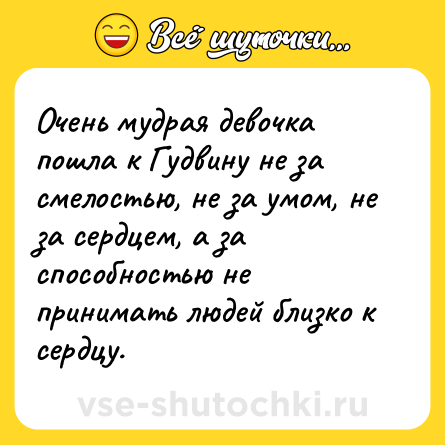 Шутка: Очень мудрая девочка пошла к Гудвину не за смелостью, не за умом, не за сердцем, а за способностью не принимать людей близко к сердцу.