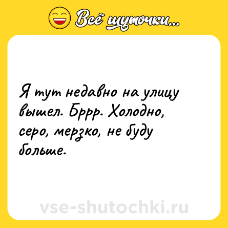Шутка: Я тут недавно на улицу вышел. Бррр. Холодно, серо, мерзко, не буду больше.