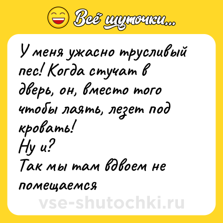 Шутка: У меня ужасно трусливый пес! Когда стучат в дверь, он, вместо того чтобы лаять, лезет под кровать!<br>Ну и?<br>Так мы там вдвоем не помещаемся