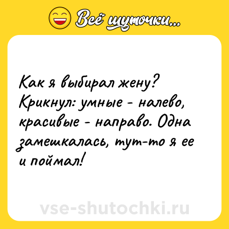 Шутка: Как я выбирал жену? Крикнул: умные - налево, красивые - направо. Одна замешкалась, тут-то я ее и поймал!