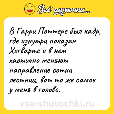 Шутка: В Гарри Поттере был кадр, где изнутри показан Хогвартс и в нем хаотично меняют направление сотни лестниц, вот то же самое у меня в голове.