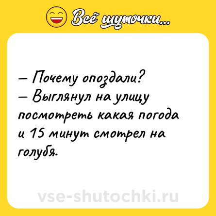 Шутка: — Почему опоздали?<br>— Выглянул на улицу посмотреть какая погода и 15 минут смотрел на голубя.