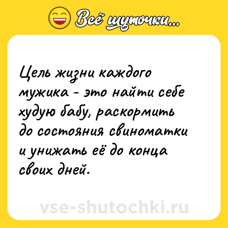 Шутка: Цель жизни каждого мужика - это найти себе худую бабу, раскормить до состояния свиноматки и унижать её до конца своих дней.