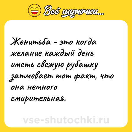 Шутка: Женитьба - это когда желание каждый день иметь свежую рубашку затмевает тот факт, что она немного смирительная.