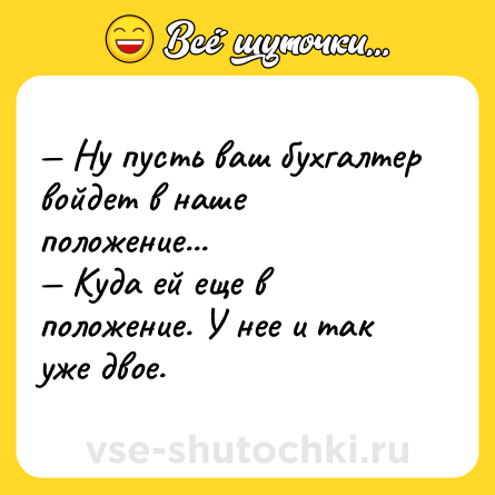 Шутка: Ну пусть ваш бухгалтер войдет в наше положение... Куда ей еще в положение. У нее и так уже двое.