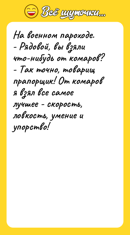 На военном пароходе. - Рядовой, вы взяли что-нибудь от комаров?