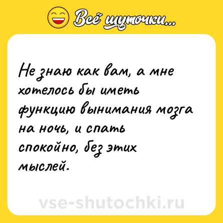 Шутка: Не знаю как вам, а мне хотелось бы иметь функцию вынимания мозга на ночь, и спать спокойно, без этих мыслей.