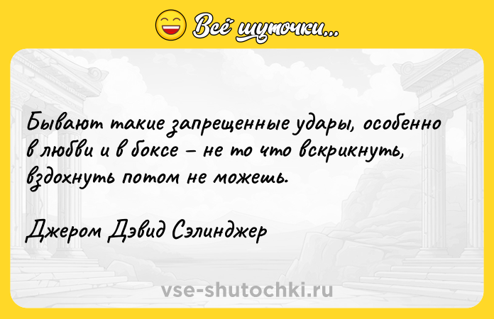Цитата: Бывают такие запрещенные удары, особенно в любви и в боксе не то что вскрикнуть, вздохнуть потом не можешь. Джером Дэвид Сэлинджер