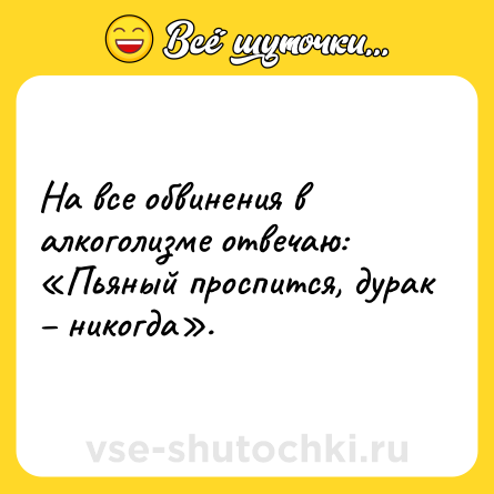Шутка: На все обвинения в алкоголизме отвечаю: «Пьяный проспится, дурак – никогда».