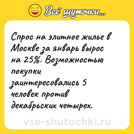 Шутка: Спрос на элитное жилье в Москве за январь вырос на 25%. Возможностью покупки заинтересовались 5 человек против декабрьских четырех.