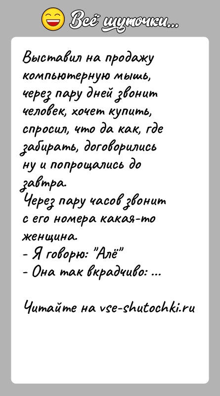 История: Выставил на продажу компьютерную мышь, через пару дней звонит человек, хочет купить,спросил, что да как, где забирать, договорились ну и