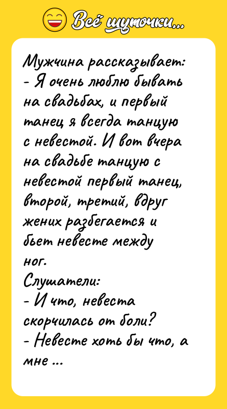 Мужчина рассказывает: - Я очень люблю бывать на свадьбах, и