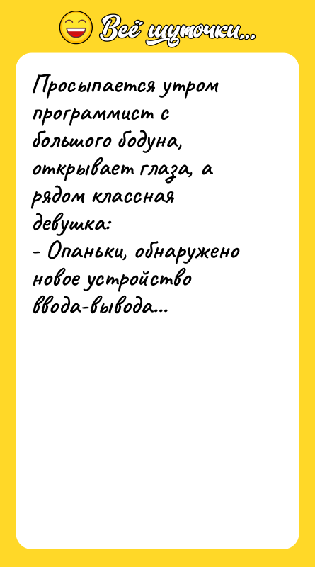 Просыпается утром программист с большого бодуна, открывает глаза, а рядом