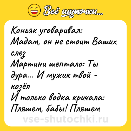Шутка: Коньяк уговаривал: Мадам, он не стоит Ваших слез<br>Мартини шептало: Ты дура… И мужик твой - козёл<br>И только водка кричала: Пляшем, бабы! Пляшем