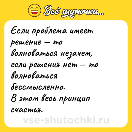 Шутка: Если проблема имеет решение — то волноваться незачем, если решения нет — то волноваться бессмысленно. <br>В этом весь принцип счастья.