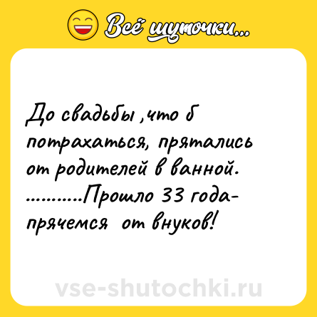 Шутка: До свадьбы ,что б потрахаться, прятались от родителей в ванной. ...........Прошло 33 года- прячемся  от внуков!