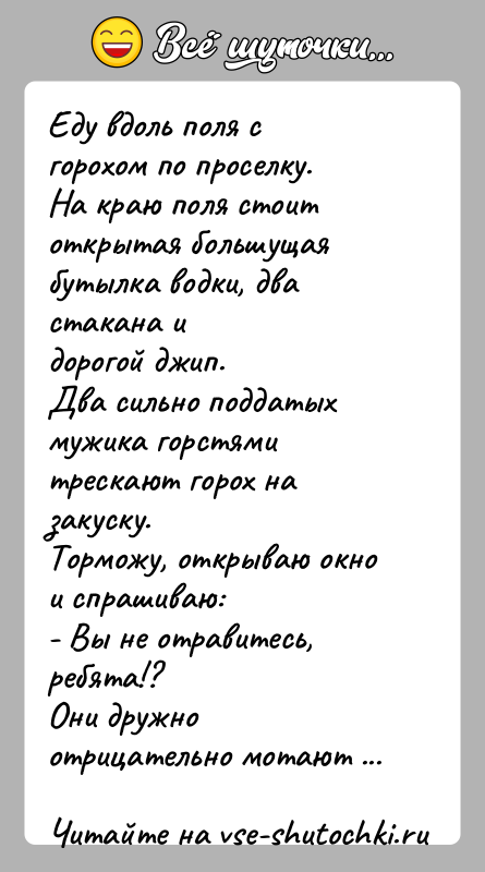 История: Еду вдоль поля с горохом по проселку.На краю поля стоит открытая большущая бутылка водки, два стакана идорогой джип.Два сильно поддатых