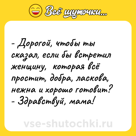 Шутка: - Дорогой, чтобы ты сказал, если бы встретил женщину,  которая всё простит, добра, ласкова, нежна и хорошо готовит?<br>- Здравствуй, мама!