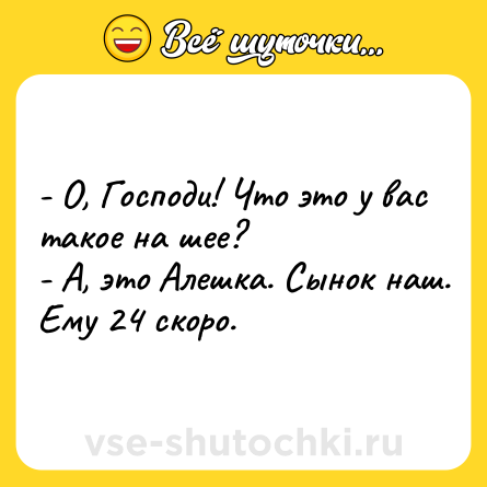 Шутка: - О, Господи! Что это у вас такое на шее?<br>- А, это Алешка. Сынок наш. Ему 24 скоро.