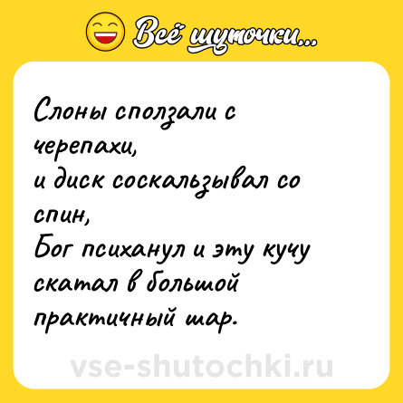 Шутка: Слоны сползали с черепахи,<br>и диск соскальзывал со спин,<br>Бог психанул и эту кучу<br>скатал в большой практичный шар.