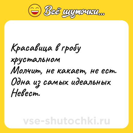 Шутка: Красавица в гробу хрустальном<br>Молчит, не какает, не ест.<br>Одна из самых идеальных<br>Невест.