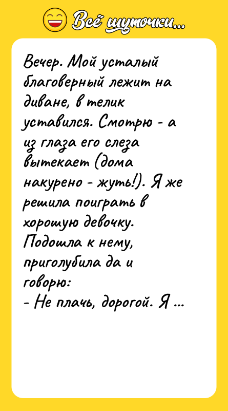 Вечер. Мой усталый благоверный лежит на диване, в телик уставился.