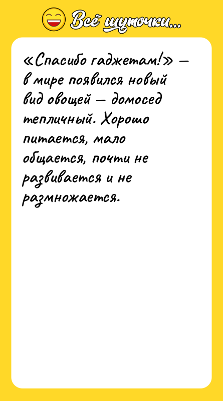 Шутка: Спасибо гаджетам! в мире появился новый вид овощей домосед тепличный. Хорошо питается, мало общается, почти не развивается и не размножается.