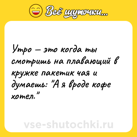 Шутка: Утро — это когда ты смотришь на плавающий в кружке пакетик чая и думаешь: 