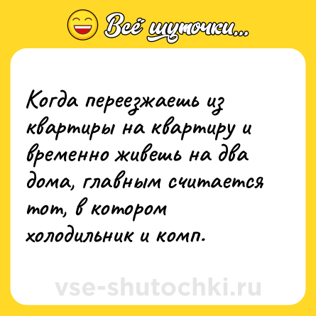 Шутка: Когда переезжаешь из квартиры на квартиру и временно живешь на два дома, главным считается тот, в котором холодильник и комп.