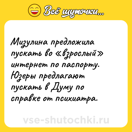 Шутка: Мизулина предложила пускать во «взрослый» интернет по паспорту.<br>Юзеры предлагают пускать в Думу по справке от психиатра.
