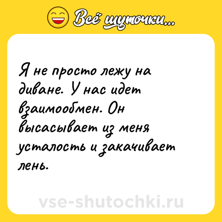 Шутка: Я не просто лежу на диване. У нас идет взаимообмен. Он высасывает из меня усталость и закачивает лень.