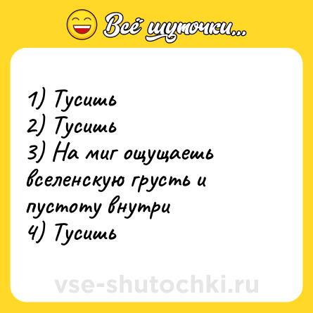 Шутка: 1) Тусишь <br>2) Тусишь <br>3) На миг ощущаешь вселенскую грусть и пустоту внутри <br>4) Тусишь