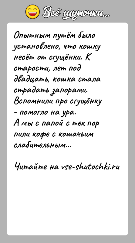 История: Опытным путём было установлено, что кошку несёт от сгущёнки. К старости, лет под двадцать, кошка стала страдать запорами. Вспомнили про