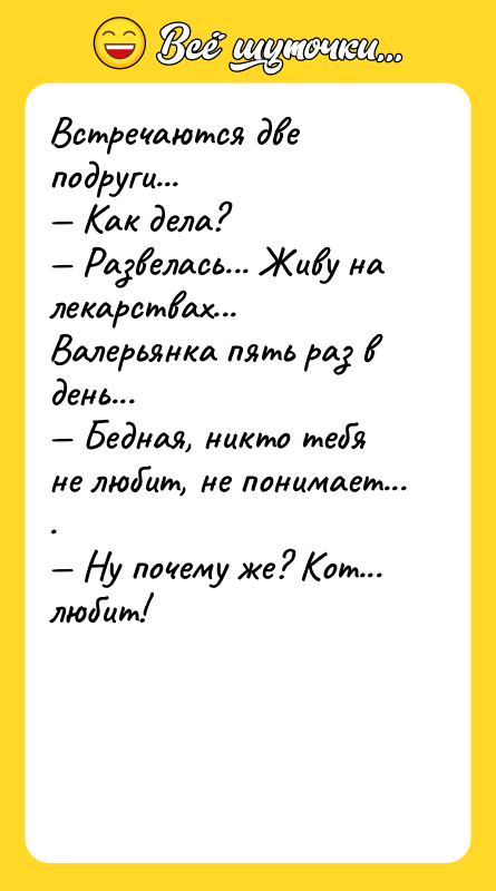 Встречаются две подруги... — Как дела? — Развелась... Живу на
