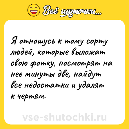 Шутка: Я отношусь к тому сорту людей, которые выложат свою фотку, посмотрят на нее минуты две, найдут все недостатки и удалят к чертям.