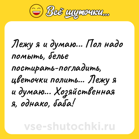 Шутка: Лежу я и думаю... Пол надо помыть, белье постирать-погладить, цветочки полить... Лежу я и думаю... Хозяйственная я, однако, баба!