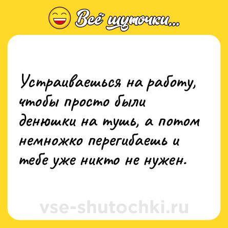 Шутка: Устраиваешься на работу, чтобы просто были денюшки на тушь, а потом немножко перегибаешь и тебе уже никто не нужен.