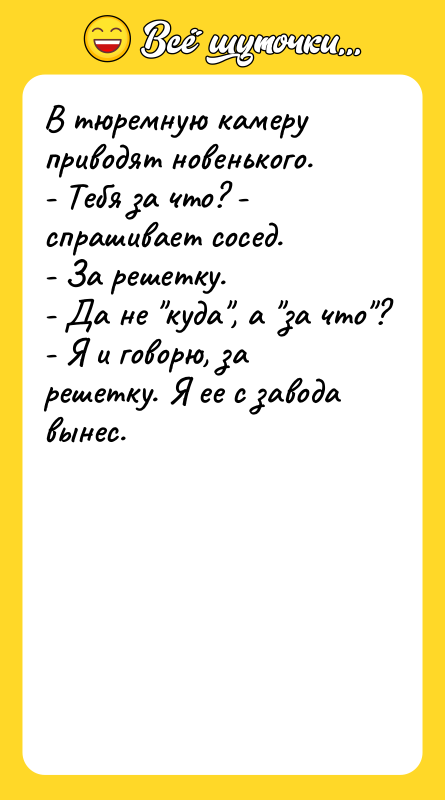 В тюремную камеру приводят новенького. - Тебя за что? -
