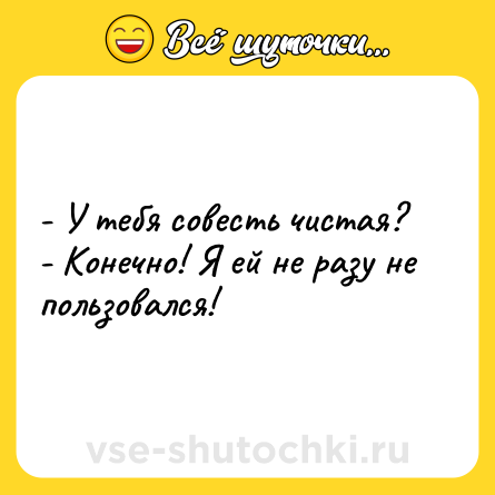 Шутка: - У тебя совесть чистая?<br>- Конечно! Я ей не разу не пользовался!