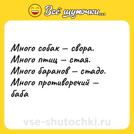 Шутка: Много собак — свора.<br>Много птиц — стая.<br>Много баранов — стадо.<br>Много противоречий — баба