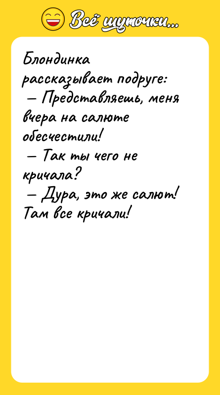 Блондинка рассказывает подруге: Представляешь, меня вчера на салюте обесчестили!